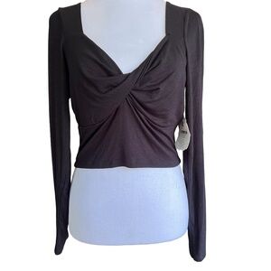 Altar'd States Black Cinched Cropped Ribbed V Neck Long Sleeve NWT Size Large